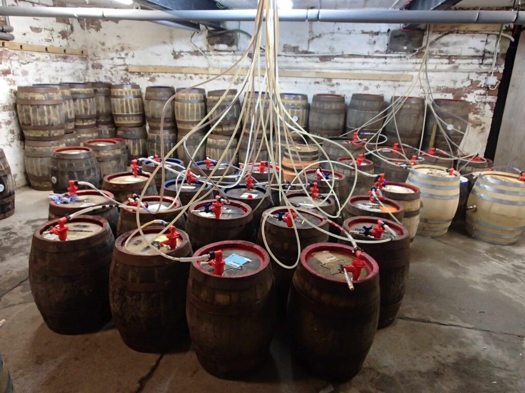 Wooden casks in the cellar of the Horse and Jockey
